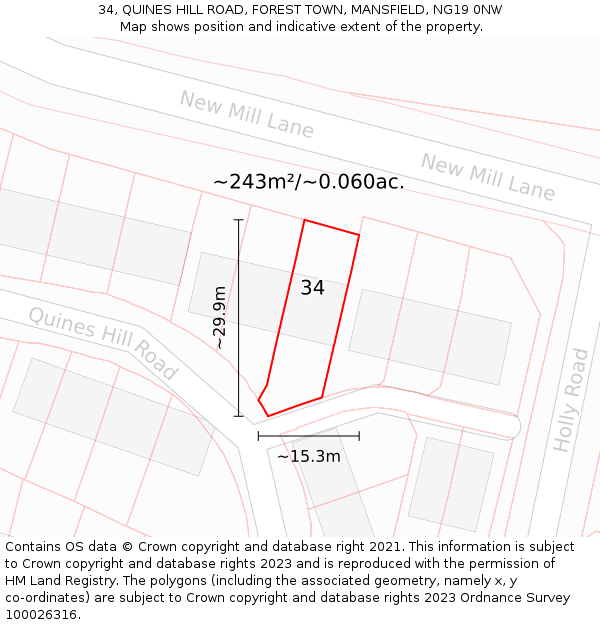 34, QUINES HILL ROAD, FOREST TOWN, MANSFIELD, NG19 0NW: Plot and title map