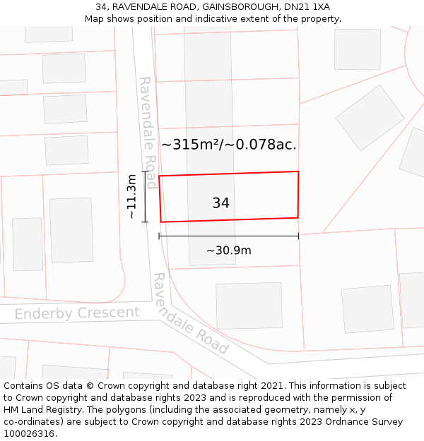 34, RAVENDALE ROAD, GAINSBOROUGH, DN21 1XA: Plot and title map