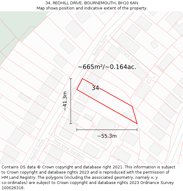 34, REDHILL DRIVE, BOURNEMOUTH, BH10 6AN: Plot and title map