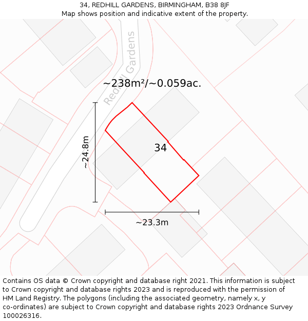 34, REDHILL GARDENS, BIRMINGHAM, B38 8JF: Plot and title map