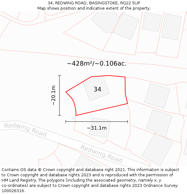 34, REDWING ROAD, BASINGSTOKE, RG22 5UP: Plot and title map