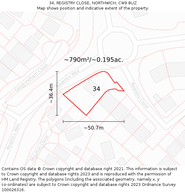 34, REGISTRY CLOSE, NORTHWICH, CW9 8UZ: Plot and title map