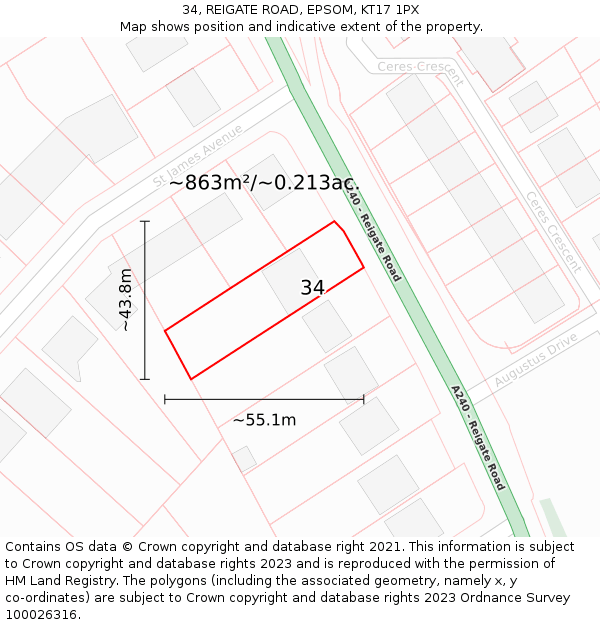 34, REIGATE ROAD, EPSOM, KT17 1PX: Plot and title map