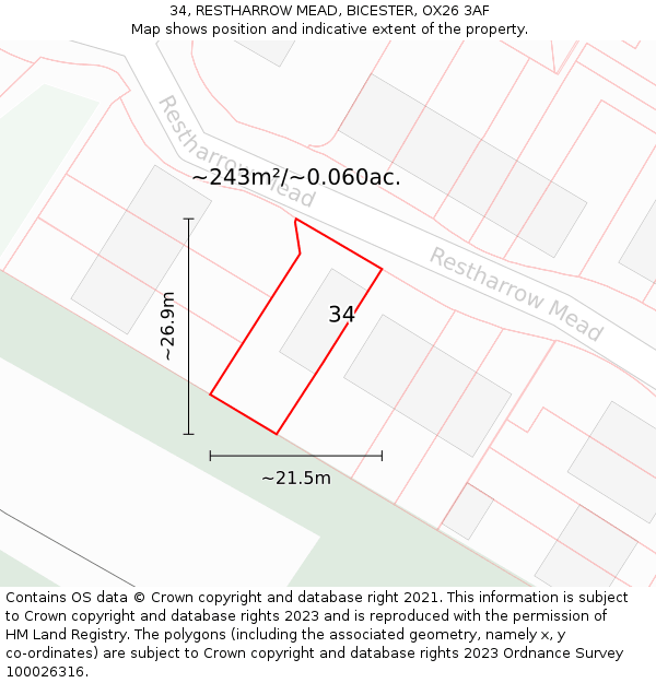 34, RESTHARROW MEAD, BICESTER, OX26 3AF: Plot and title map