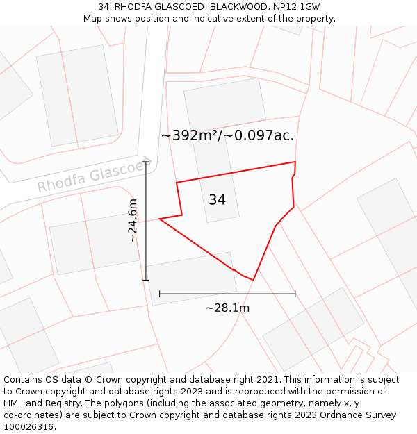 34, RHODFA GLASCOED, BLACKWOOD, NP12 1GW: Plot and title map