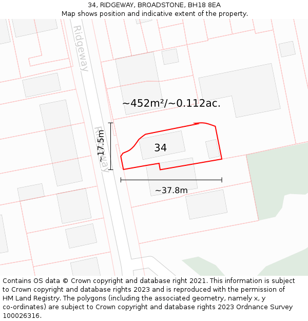 34, RIDGEWAY, BROADSTONE, BH18 8EA: Plot and title map