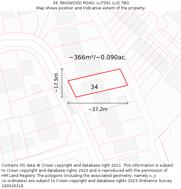 34, RINGWOOD ROAD, LUTON, LU2 7BG: Plot and title map