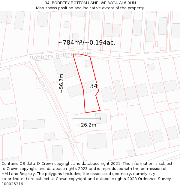 34, ROBBERY BOTTOM LANE, WELWYN, AL6 0UN: Plot and title map