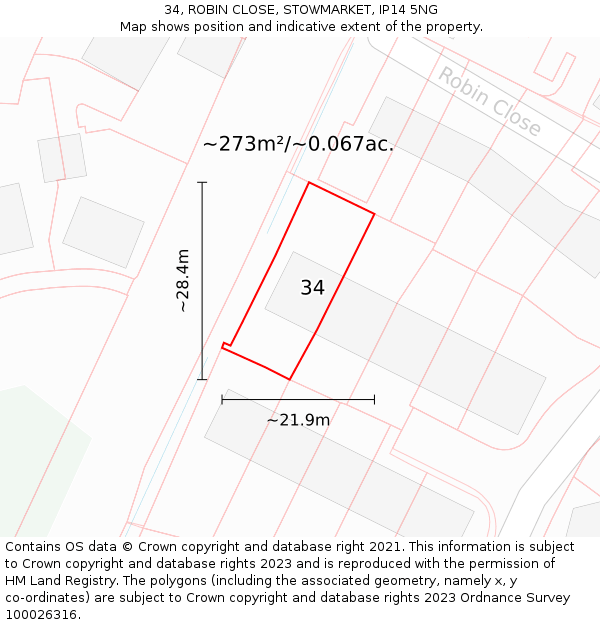 34, ROBIN CLOSE, STOWMARKET, IP14 5NG: Plot and title map