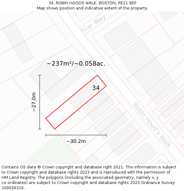 34, ROBIN HOODS WALK, BOSTON, PE21 9EP: Plot and title map