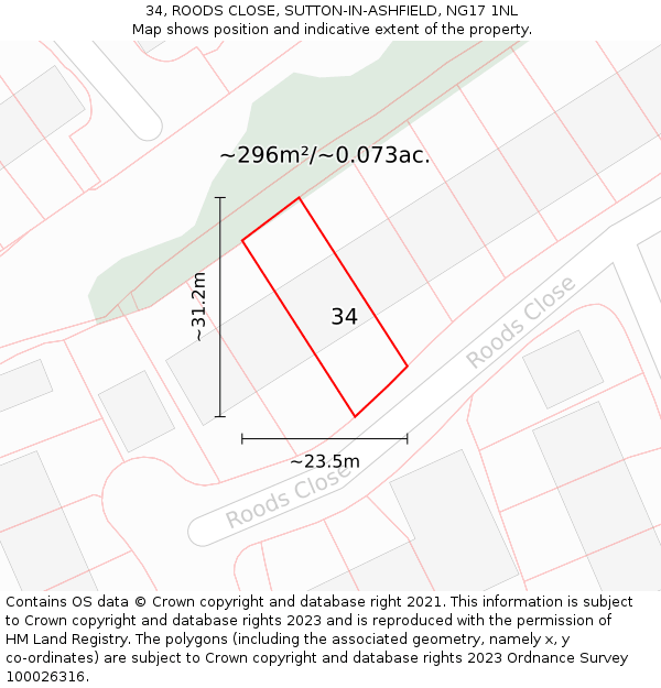 34, ROODS CLOSE, SUTTON-IN-ASHFIELD, NG17 1NL: Plot and title map