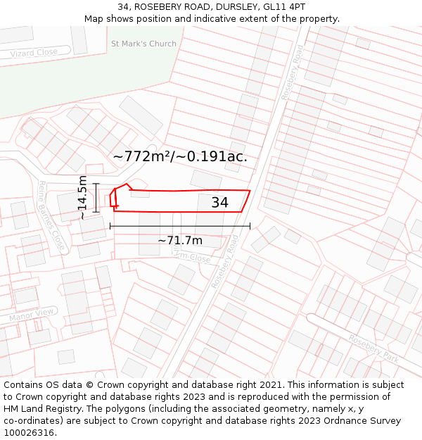 34, ROSEBERY ROAD, DURSLEY, GL11 4PT: Plot and title map