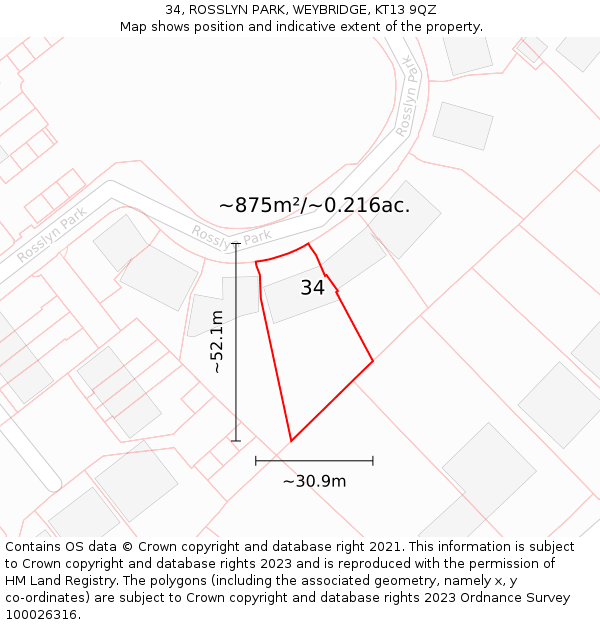 34, ROSSLYN PARK, WEYBRIDGE, KT13 9QZ: Plot and title map