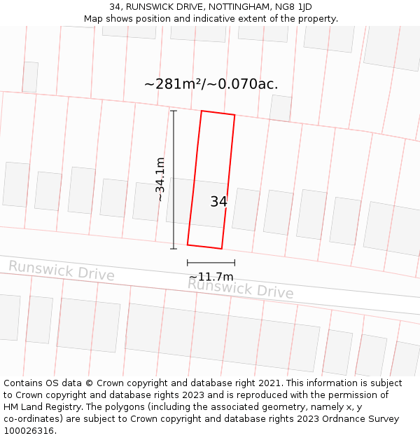 34, RUNSWICK DRIVE, NOTTINGHAM, NG8 1JD: Plot and title map