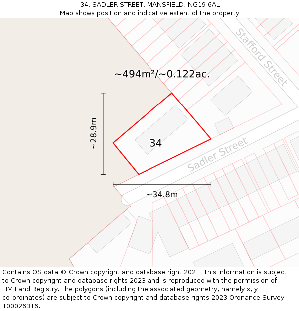 34, SADLER STREET, MANSFIELD, NG19 6AL: Plot and title map