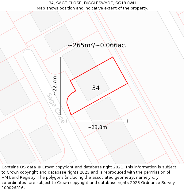 34, SAGE CLOSE, BIGGLESWADE, SG18 8WH: Plot and title map