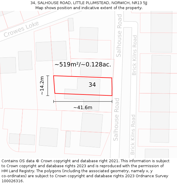 34, SALHOUSE ROAD, LITTLE PLUMSTEAD, NORWICH, NR13 5JJ: Plot and title map