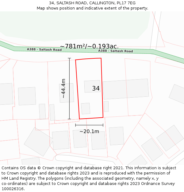 34, SALTASH ROAD, CALLINGTON, PL17 7EG: Plot and title map