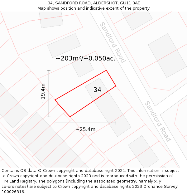 34, SANDFORD ROAD, ALDERSHOT, GU11 3AE: Plot and title map