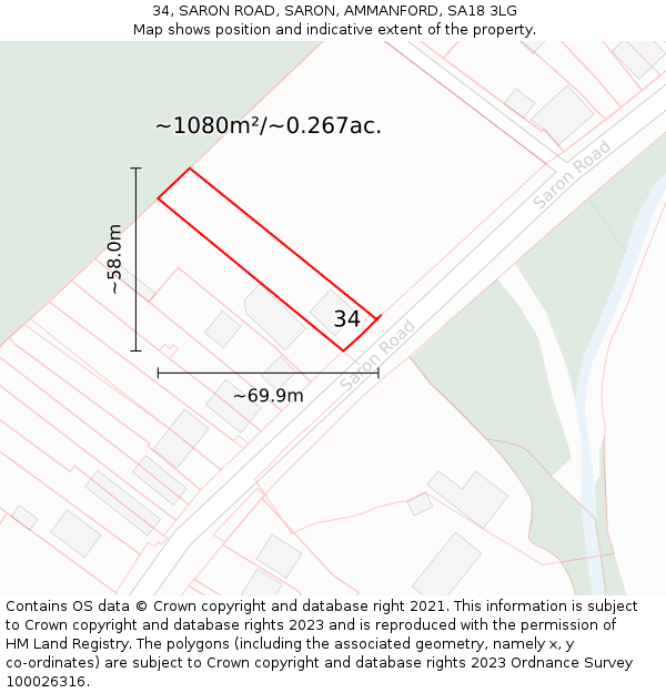 34, SARON ROAD, SARON, AMMANFORD, SA18 3LG: Plot and title map