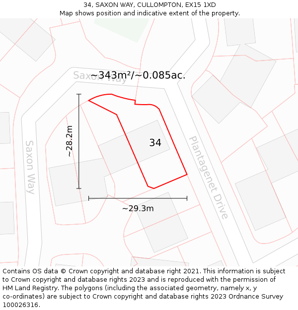 34, SAXON WAY, CULLOMPTON, EX15 1XD: Plot and title map