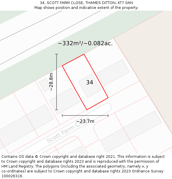 34, SCOTT FARM CLOSE, THAMES DITTON, KT7 0AN: Plot and title map