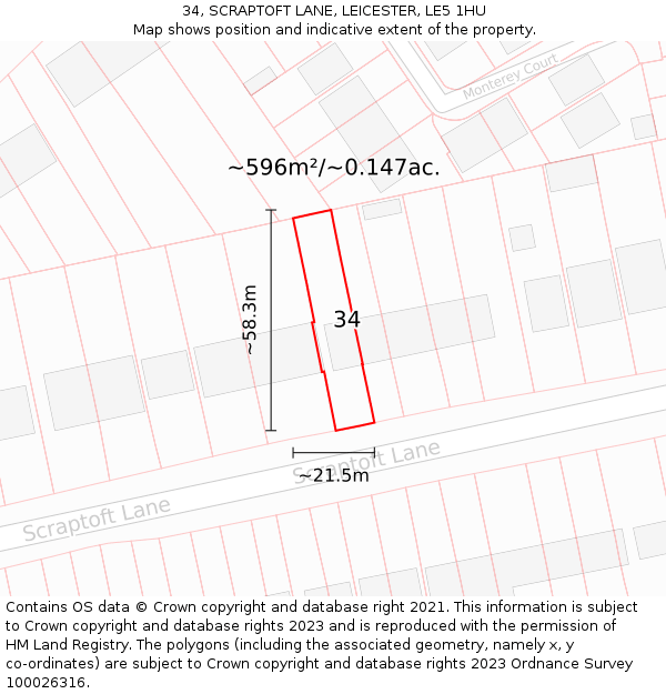 34, SCRAPTOFT LANE, LEICESTER, LE5 1HU: Plot and title map