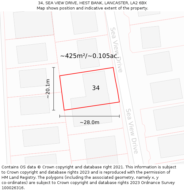 34, SEA VIEW DRIVE, HEST BANK, LANCASTER, LA2 6BX: Plot and title map