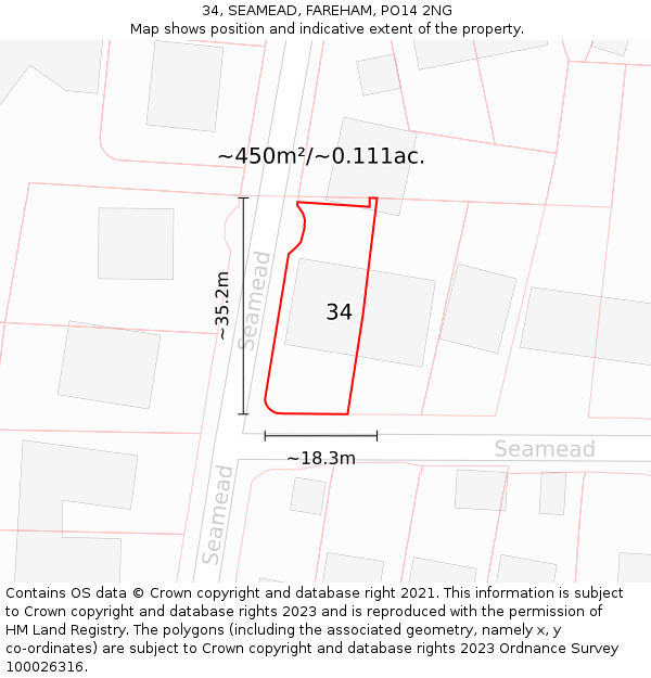 34, SEAMEAD, FAREHAM, PO14 2NG: Plot and title map