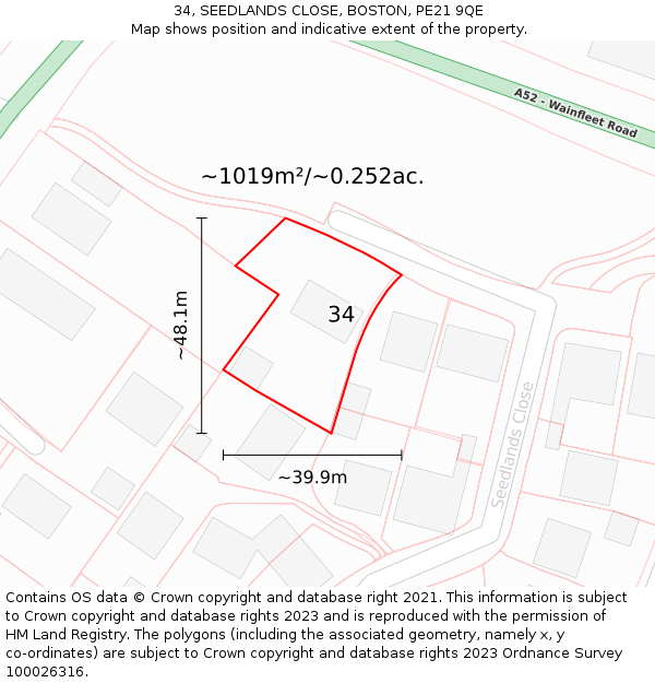 34, SEEDLANDS CLOSE, BOSTON, PE21 9QE: Plot and title map