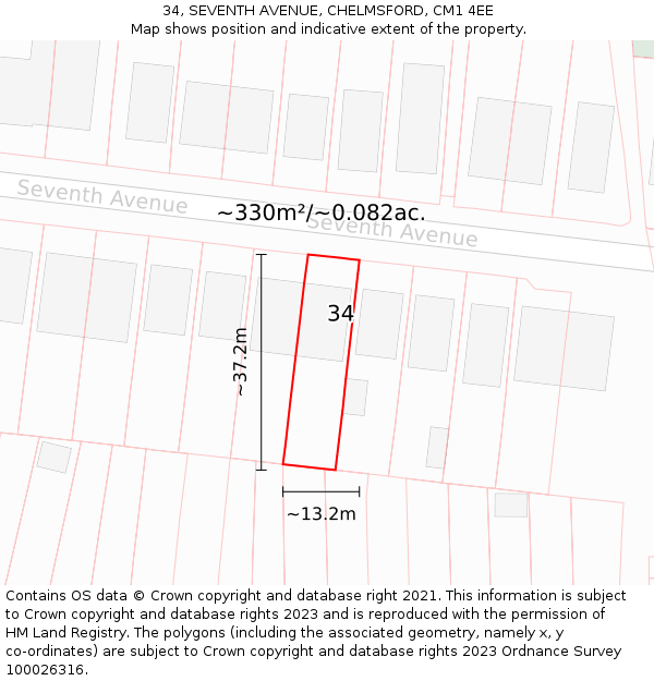 34, SEVENTH AVENUE, CHELMSFORD, CM1 4EE: Plot and title map