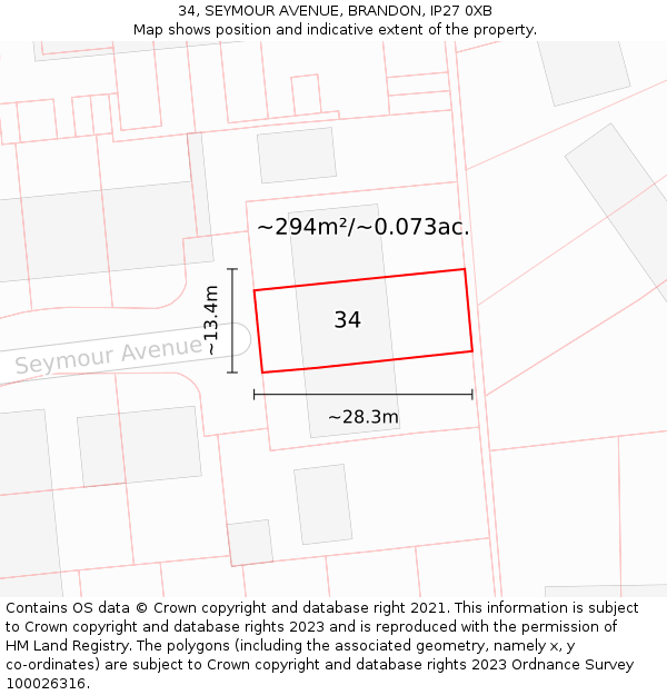 34, SEYMOUR AVENUE, BRANDON, IP27 0XB: Plot and title map