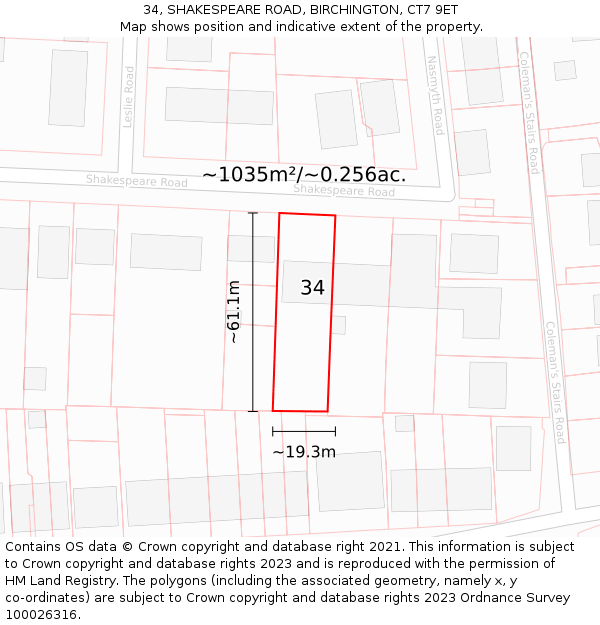 34, SHAKESPEARE ROAD, BIRCHINGTON, CT7 9ET: Plot and title map