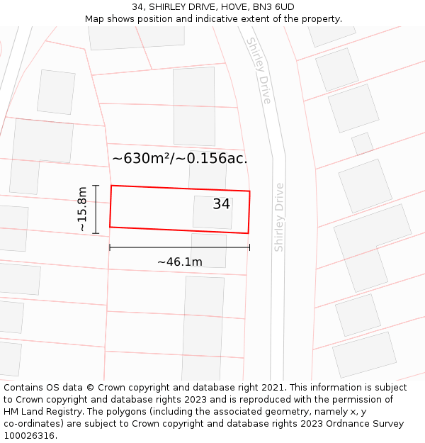 34, SHIRLEY DRIVE, HOVE, BN3 6UD: Plot and title map