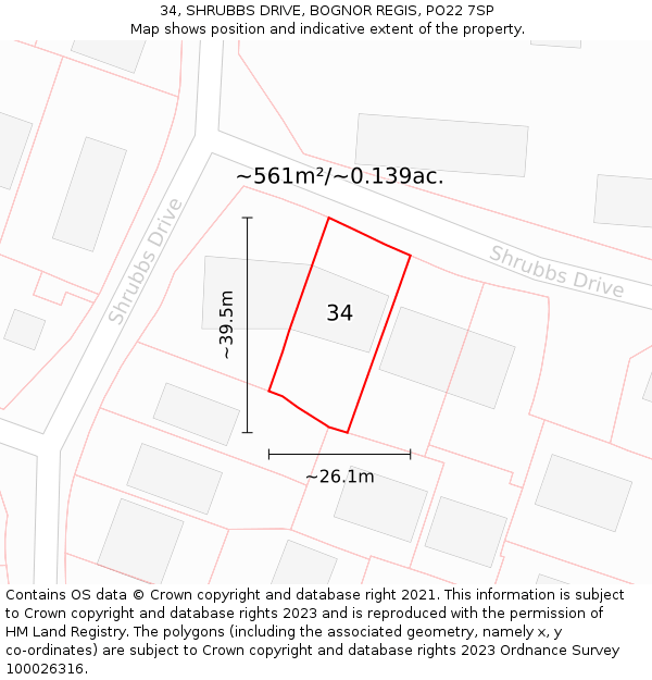 34, SHRUBBS DRIVE, BOGNOR REGIS, PO22 7SP: Plot and title map