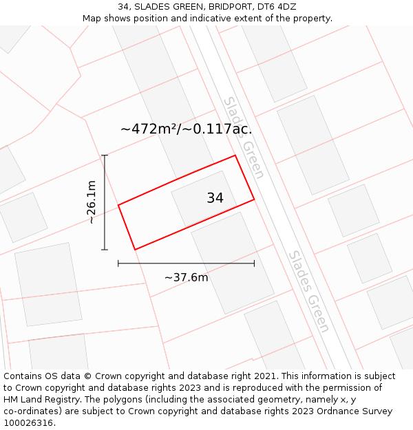 34, SLADES GREEN, BRIDPORT, DT6 4DZ: Plot and title map