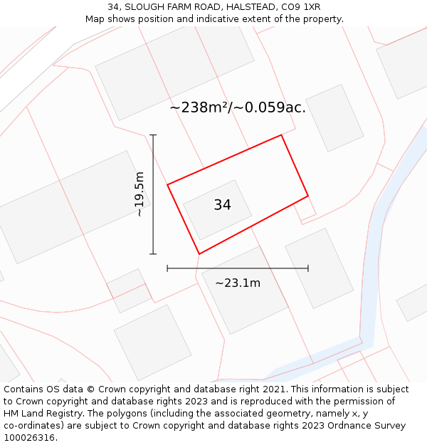34, SLOUGH FARM ROAD, HALSTEAD, CO9 1XR: Plot and title map