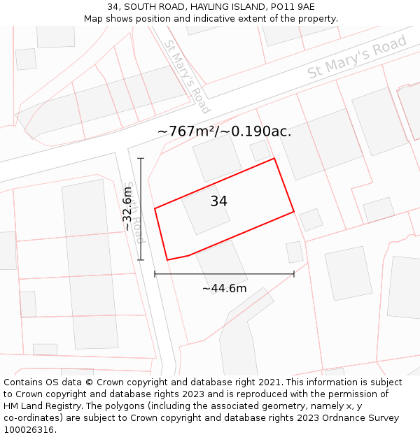 34, SOUTH ROAD, HAYLING ISLAND, PO11 9AE: Plot and title map