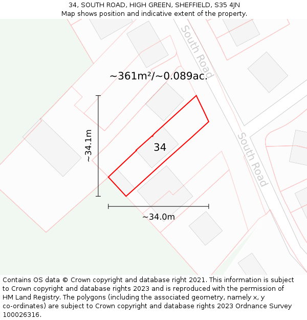 34, SOUTH ROAD, HIGH GREEN, SHEFFIELD, S35 4JN: Plot and title map