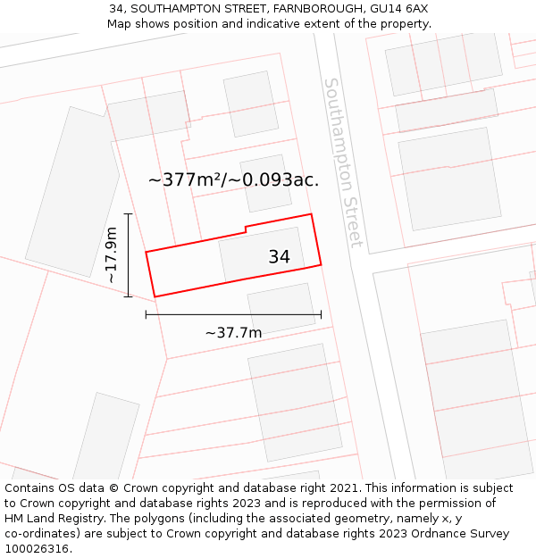 34, SOUTHAMPTON STREET, FARNBOROUGH, GU14 6AX: Plot and title map