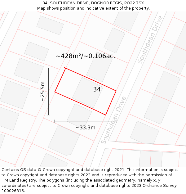 34, SOUTHDEAN DRIVE, BOGNOR REGIS, PO22 7SX: Plot and title map