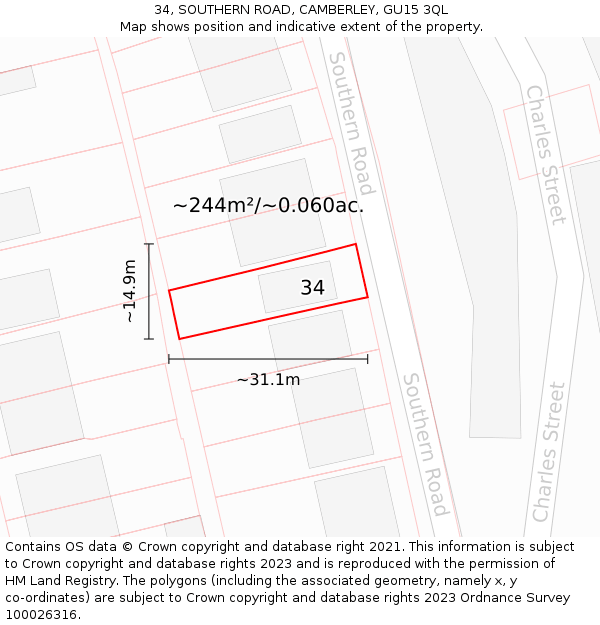 34, SOUTHERN ROAD, CAMBERLEY, GU15 3QL: Plot and title map