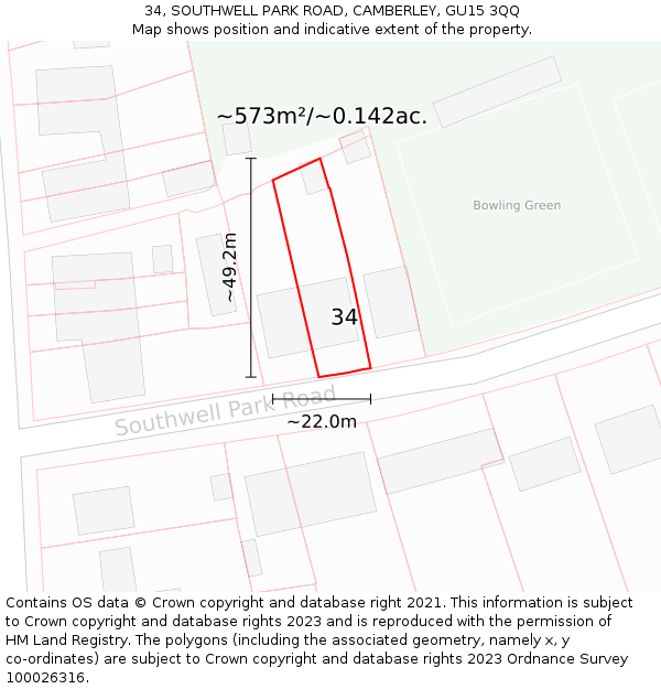 34, SOUTHWELL PARK ROAD, CAMBERLEY, GU15 3QQ: Plot and title map