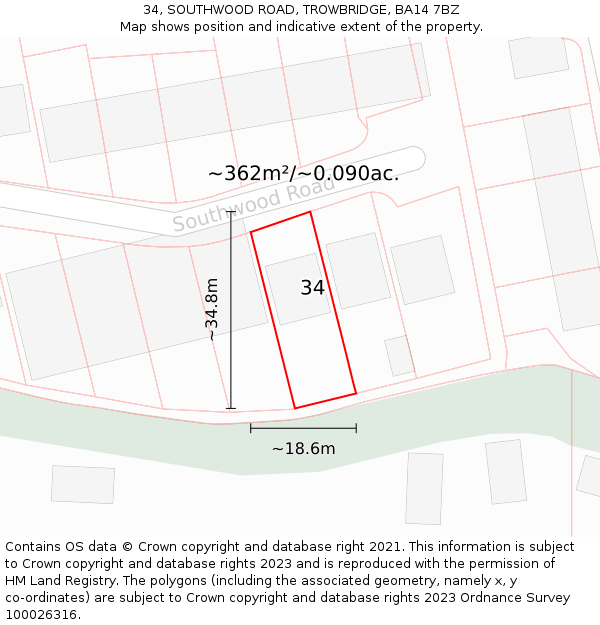 34, SOUTHWOOD ROAD, TROWBRIDGE, BA14 7BZ: Plot and title map