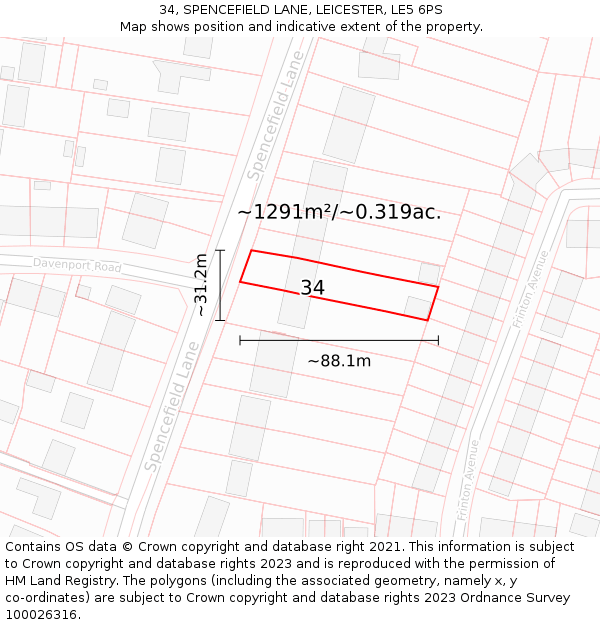 34, SPENCEFIELD LANE, LEICESTER, LE5 6PS: Plot and title map