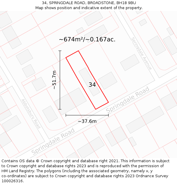 34, SPRINGDALE ROAD, BROADSTONE, BH18 9BU: Plot and title map