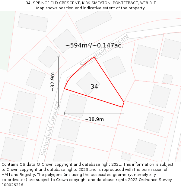 34, SPRINGFIELD CRESCENT, KIRK SMEATON, PONTEFRACT, WF8 3LE: Plot and title map