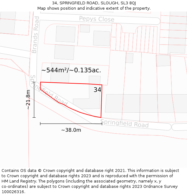 34, SPRINGFIELD ROAD, SLOUGH, SL3 8QJ: Plot and title map