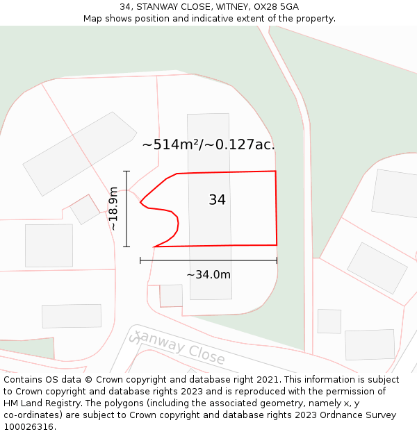 34, STANWAY CLOSE, WITNEY, OX28 5GA: Plot and title map