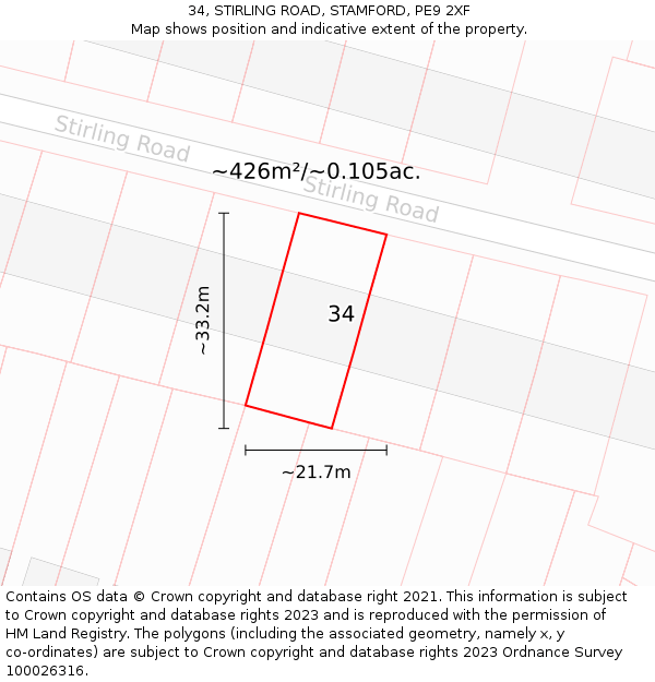 34, STIRLING ROAD, STAMFORD, PE9 2XF: Plot and title map